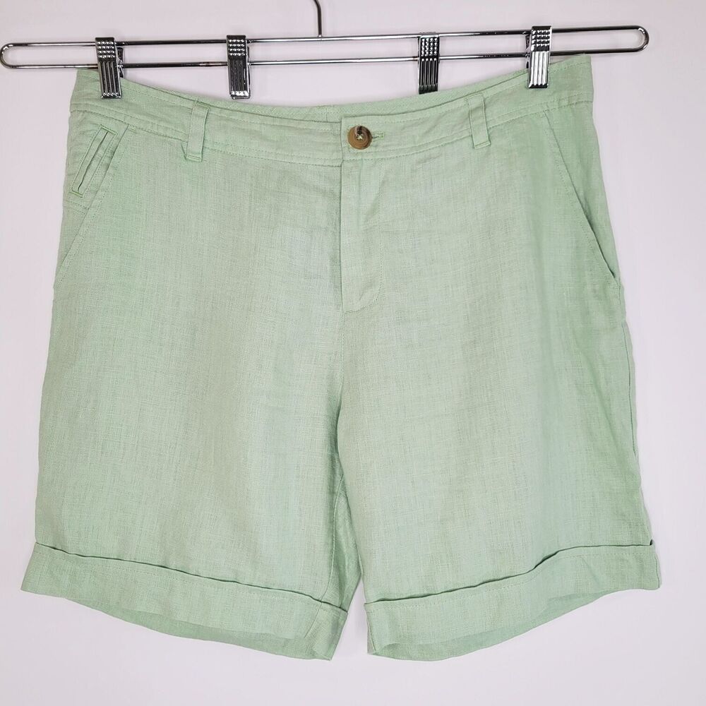 JOURNAL Green Linen Shorts Size 12 Cuffed Bermuda Flat Front Pastel